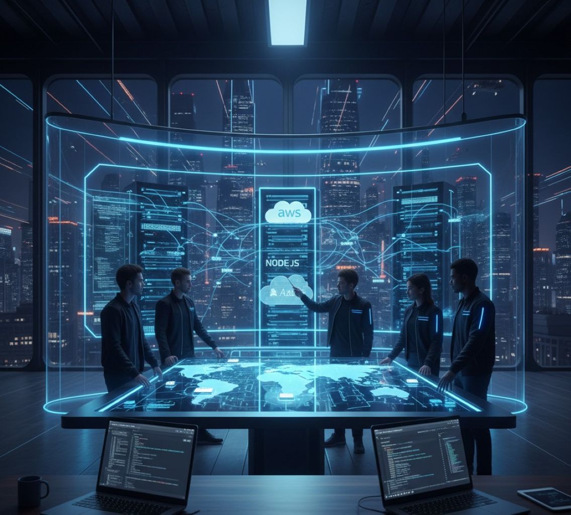 Equipe de tecnologia analisando dados em ambiente moderno